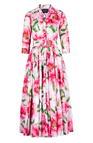 Aster Dress Shirt Collar 3/4 Sleeve Midi Plus Length Cotton Musola (Pastel Magnolia White)