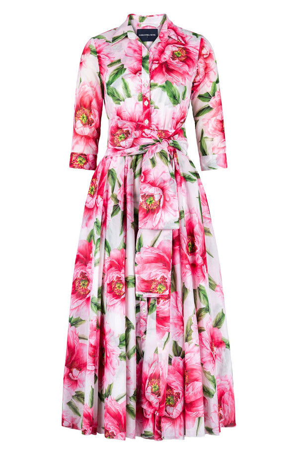 Aster Dress Shirt Collar 3/4 Sleeve Midi Plus Length Cotton Musola (Pastel Magnolia White)