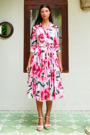 Aster Dress Shirt Collar 3/4 Sleeve Midi Length Cotton Musola (Pastel Magnolia White)