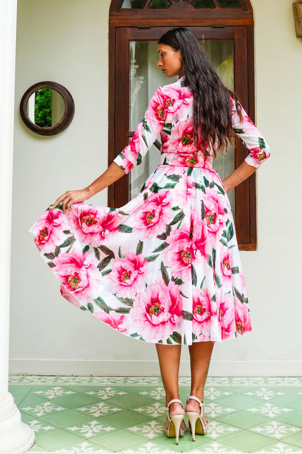 Aster Dress Shirt Collar 3/4 Sleeve Midi Length Cotton Musola (Pastel Magnolia White)