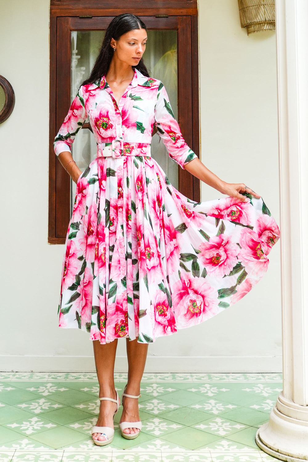 Aster Dress Shirt Collar 3/4 Sleeve Midi Length Cotton Musola (Pastel Magnolia White)