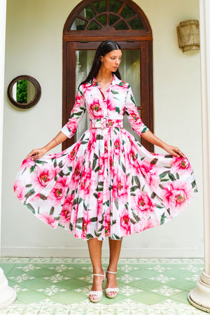 Aster Dress Shirt Collar 3/4 Sleeve Midi Length Cotton Musola (Pastel Magnolia White)