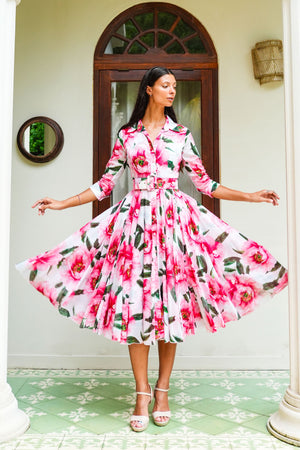 Aster Dress Shirt Collar 3/4 Sleeve Midi Length Cotton Musola (Pastel Magnolia White)