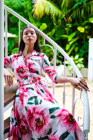 Aster Dress Shirt Collar 3/4 Sleeve Midi Length Cotton Musola (Pastel Magnolia White)