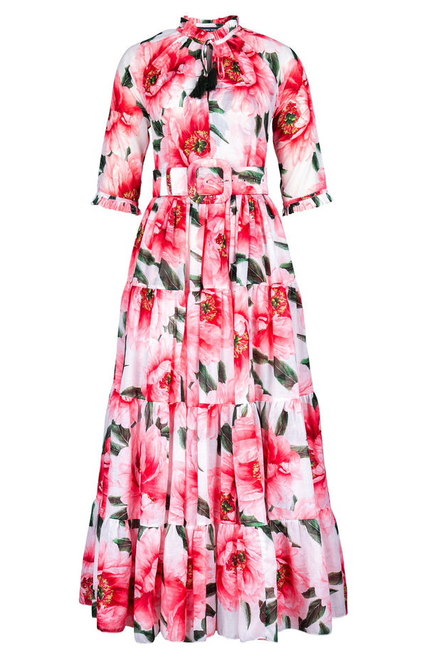 Eva Dress Crew Neck 3/4 Sleeve Maxi Length Cotton Musola (Pastel Magnolia White)