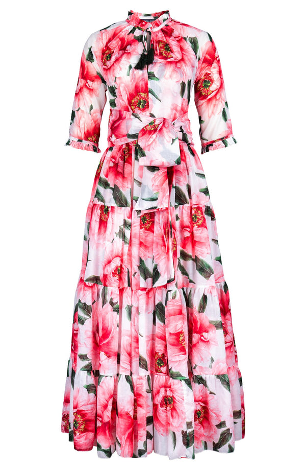 Eva Dress Crew Neck 3/4 Sleeve Maxi Length Cotton Musola (Pastel Magnolia White)