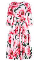 Rose Dress Crew Neck 3/4 Sleeve Long Length Cotton Stretch (Pastel Magnolia White)