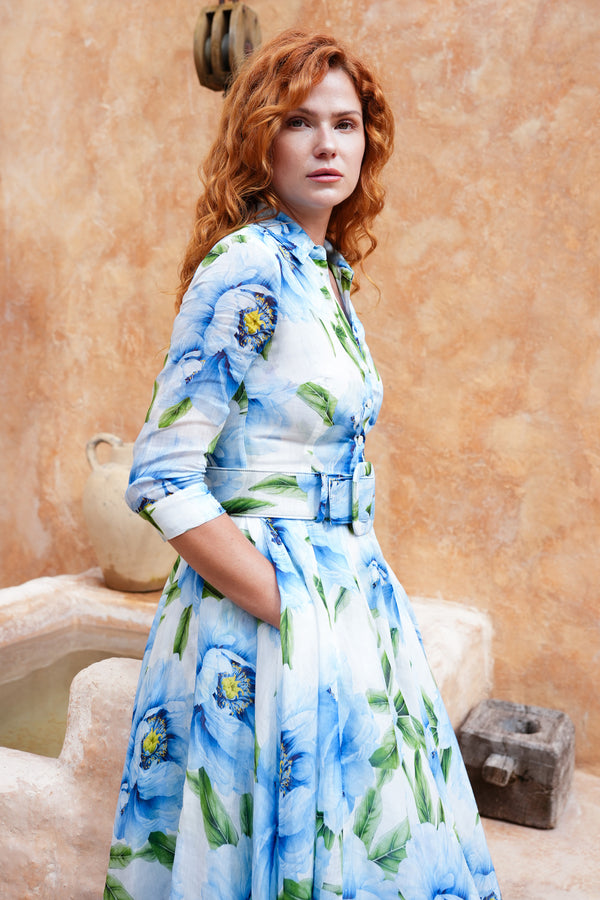 Aster Dress Shirt Collar 3/4 Sleeve Midi Length Cotton Musola (Pastel Magnolia White)