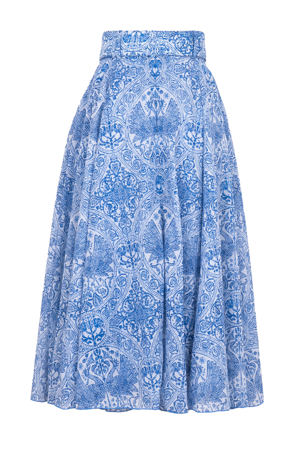 Aster Skirt #1 with Belt Midi Length Cotton Musola (Peacock Toile Pastel)