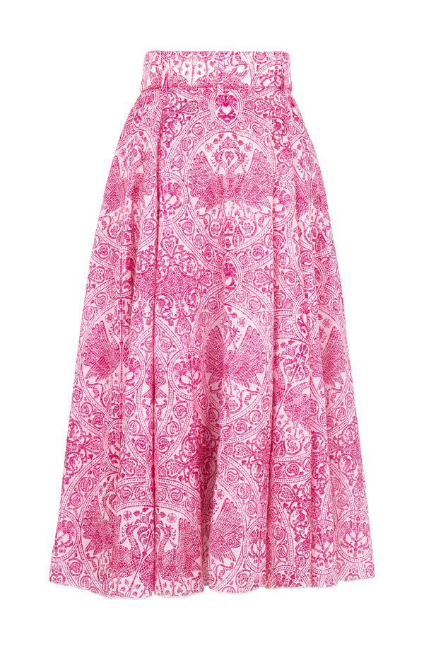 Aster Skirt #1 with Belt Midi Length Cotton Musola (Peacock Toile White)