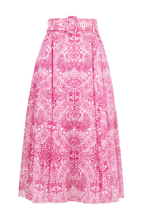 Aster Skirt #1 with Belt Midi Length Cotton Musola (Peacock Toile White)