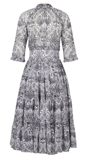 Eva Dress Crew Neck 3/4 Sleeve Midi Length Cotton Musola (Peacock Toile White)