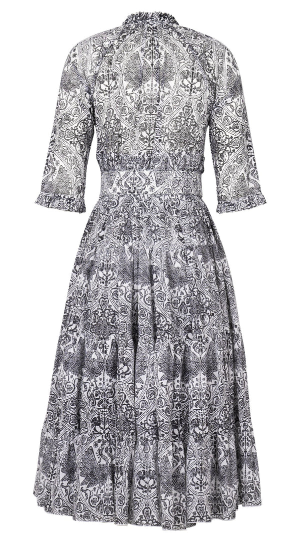 Eva Dress Crew Neck 3/4 Sleeve Midi Length Cotton Musola (Peacock Toile White)