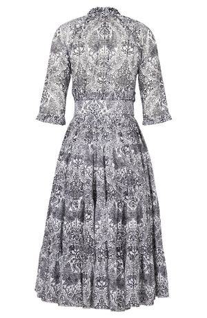 Eden Dress Crew Neck 3/4 Sleeve Midi Length Cotton Musola (Peacock Toile White)