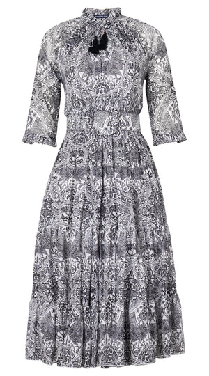 Eva Dress Crew Neck 3/4 Sleeve Midi Length Cotton Musola (Peacock Toile White)