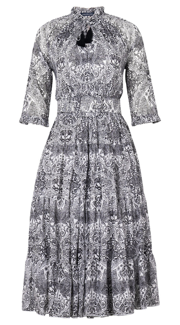 Eva Dress Crew Neck 3/4 Sleeve Midi Length Cotton Musola (Peacock Toile White)