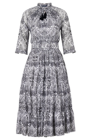 Eden Dress Crew Neck 3/4 Sleeve Midi Length Cotton Musola (Peacock Toile White)