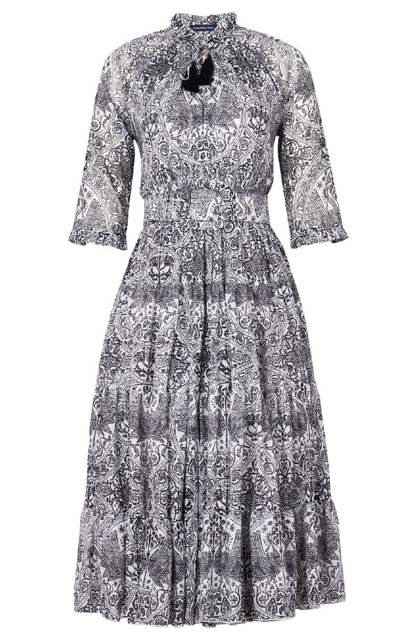 Eden Dress Crew Neck 3/4 Sleeve Midi Length Cotton Musola (Peacock Toile White)