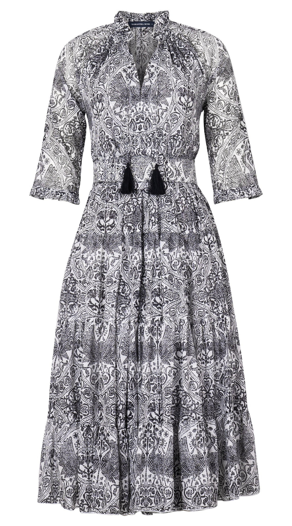 Eva Dress Crew Neck 3/4 Sleeve Midi Length Cotton Musola (Peacock Toile White)