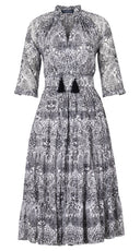 Eva Dress Crew Neck 3/4 Sleeve Midi Length Cotton Musola (Peacock Toile White)