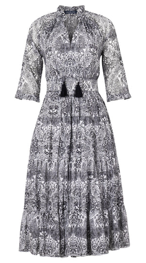 Eva Dress Crew Neck 3/4 Sleeve Midi Length Cotton Musola (Peacock Toile White)