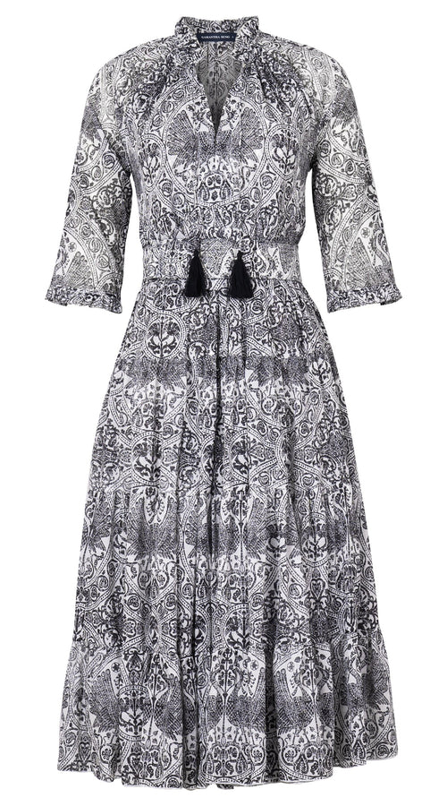 Eva Dress Crew Neck 3/4 Sleeve Midi Length Cotton Musola (Peacock Toile White)