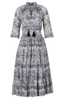 Eden Dress Crew Neck 3/4 Sleeve Midi Length Cotton Musola (Peacock Toile White)