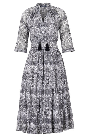 Eden Dress Crew Neck 3/4 Sleeve Midi Length Cotton Musola (Peacock Toile White)