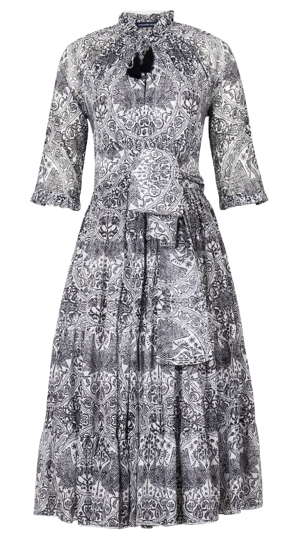 Eva Dress Crew Neck 3/4 Sleeve Midi Length Cotton Musola (Peacock Toile White)