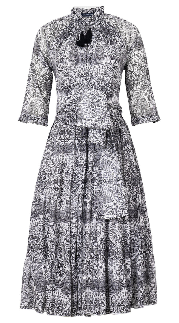 Eva Dress Crew Neck 3/4 Sleeve Midi Length Cotton Musola (Peacock Toile White)