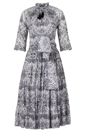 Eden Dress Crew Neck 3/4 Sleeve Midi Length Cotton Musola (Peacock Toile White)
