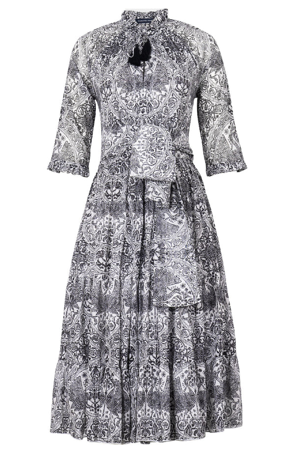 Eden Dress Crew Neck 3/4 Sleeve Midi Length Cotton Musola (Peacock Toile White)