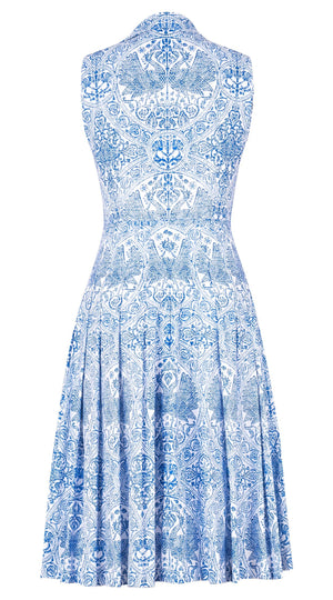 Audrey Dress #2 Shirt Collar Sleeveless Long Length Cotton Stretch (Peacock Toile White)