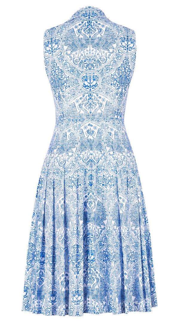 Audrey Dress #2 Shirt Collar Sleeveless Long Length Cotton Stretch (Peacock Toile White)