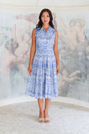 Audrey Dress #2 Shirt Collar Sleeveless Long Length Cotton Stretch (Peacock Toile White)