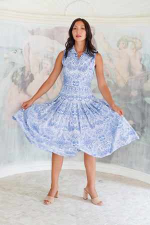 Audrey Dress #2 Shirt Collar Sleeveless Long Length Cotton Stretch (Peacock Toile White)