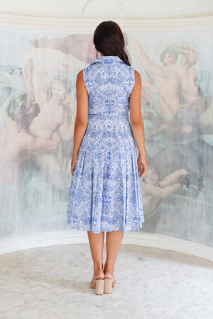 Audrey Dress #2 Shirt Collar Sleeveless Long Length Cotton Stretch (Peacock Toile White)