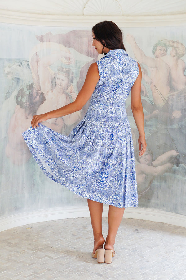 Audrey Dress #2 Shirt Collar Sleeveless Long Length Cotton Stretch (Peacock Toile White)