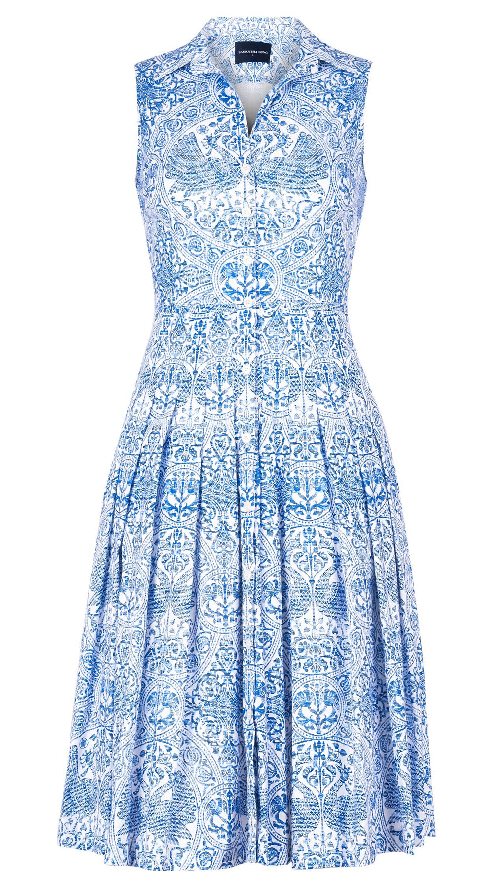 Audrey Dress #2 Shirt Collar Sleeveless Long Length Cotton Stretch (Peacock Toile White)