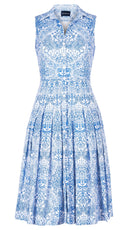 Audrey Dress #2 Shirt Collar Sleeveless Long Length Cotton Stretch (Peacock Toile White)