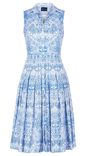Audrey Dress #2 Shirt Collar Sleeveless Long Length Cotton Stretch (Peacock Toile White)