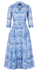 Aster Dress Shirt Collar 3/4 Sleeve Midi Length Cotton Musola (Peacock Toile White)