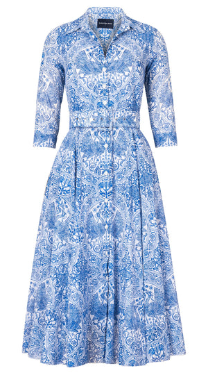 Aster Dress Shirt Collar 3/4 Sleeve Midi Length Cotton Musola (Peacock Toile White)
