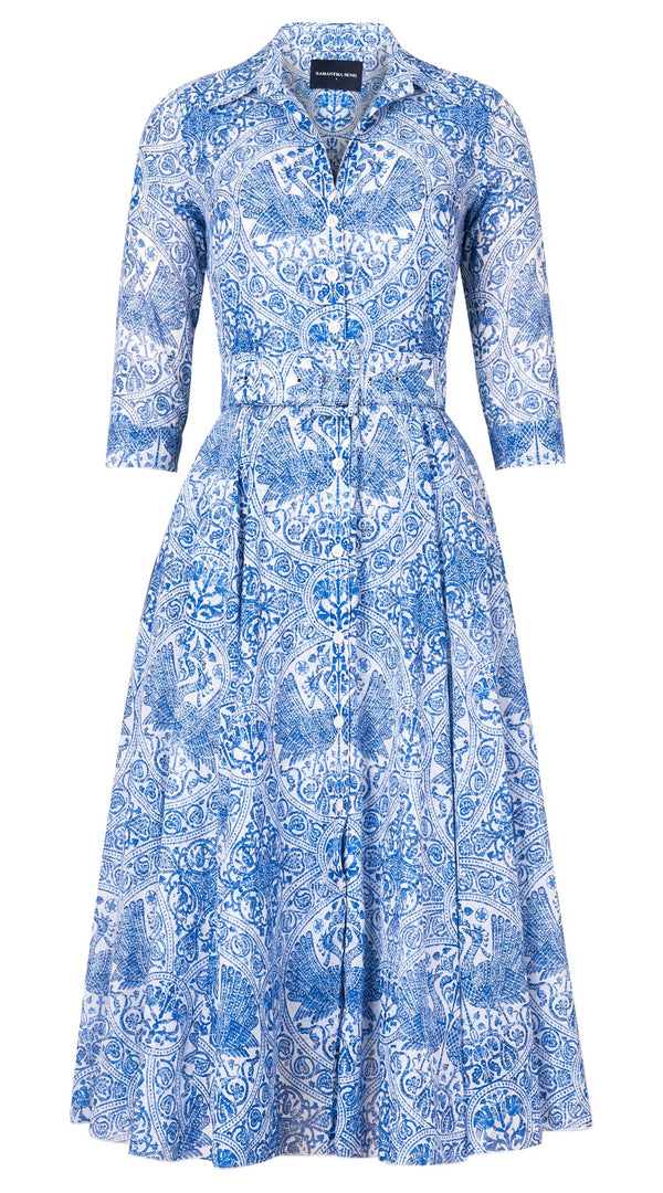 Aster Dress Shirt Collar 3/4 Sleeve Midi Length Cotton Musola (Peacock Toile White)