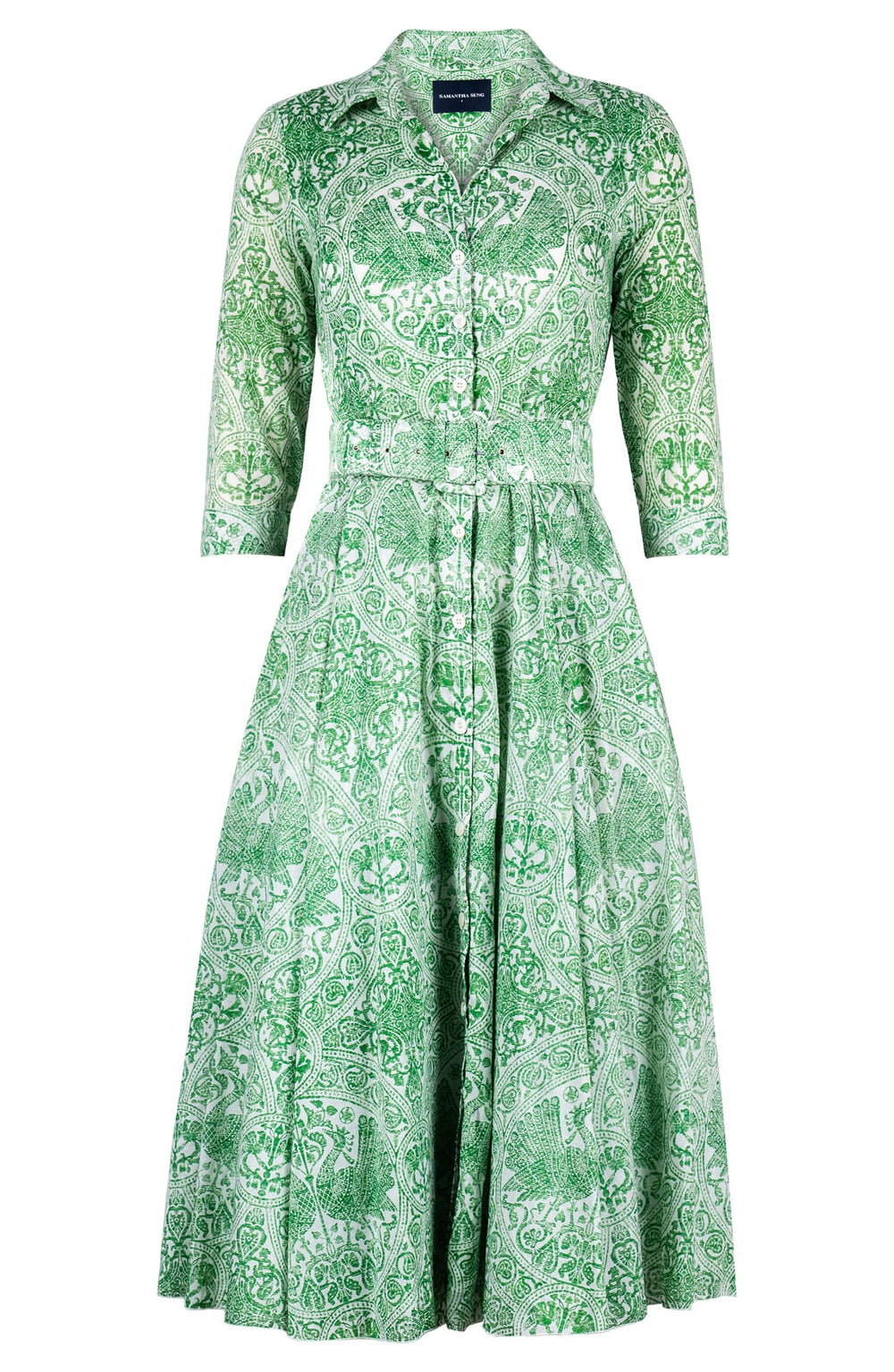 Aster Dress Shirt Collar 3/4 Sleeve Midi Length Cotton Musola (Peacock Toile White)