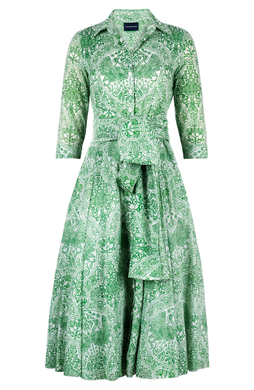 Aster Dress Shirt Collar 3/4 Sleeve Midi Length Cotton Musola (Peacock Toile White)