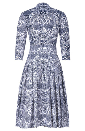 Audrey Dress #2 Shirt Collar 3/4 Sleeve Long Length Cotton Stretch (Peacock Toile White)