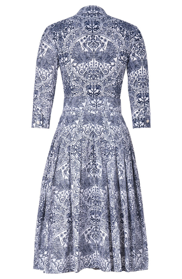 Audrey Dress #2 Shirt Collar 3/4 Sleeve Long Length Cotton Stretch (Peacock Toile White)