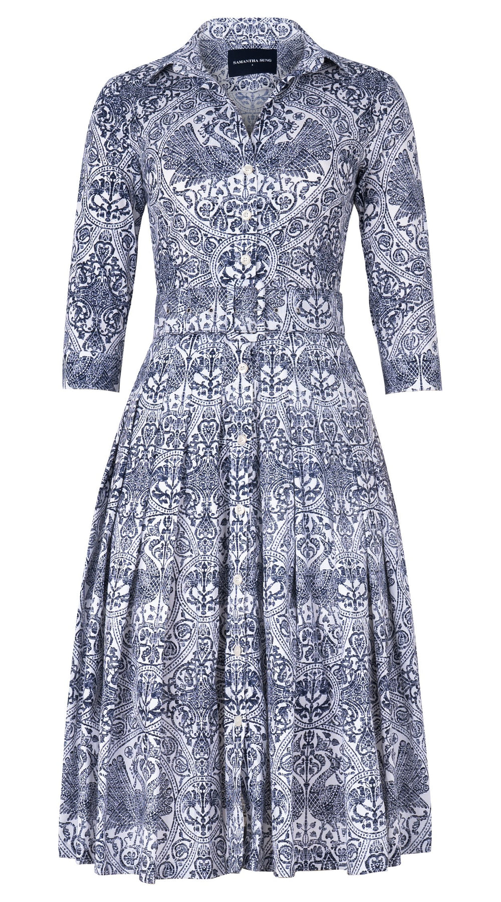 Audrey Dress #2 Shirt Collar 3/4 Sleeve Long Length Cotton Stretch (Peacock Toile White)