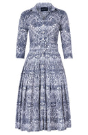 Audrey Dress #2 Shirt Collar 3/4 Sleeve Long Length Cotton Stretch (Peacock Toile White)